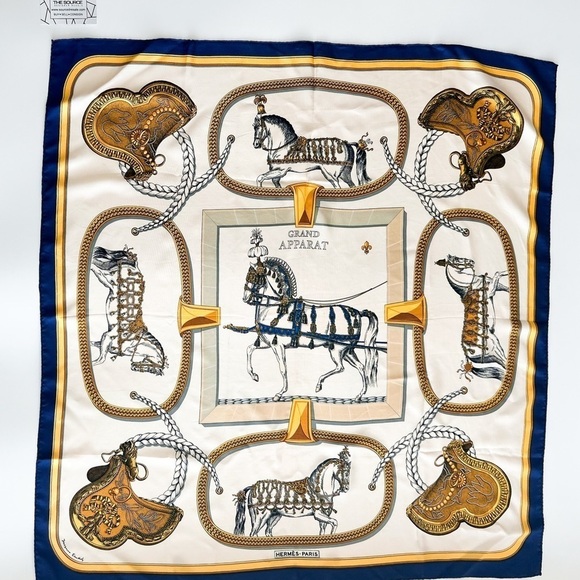 Hermes Accessories - HERMES 100% silk scarf Carre 90 GRAND APPARAT Scarf Multicolor blue border